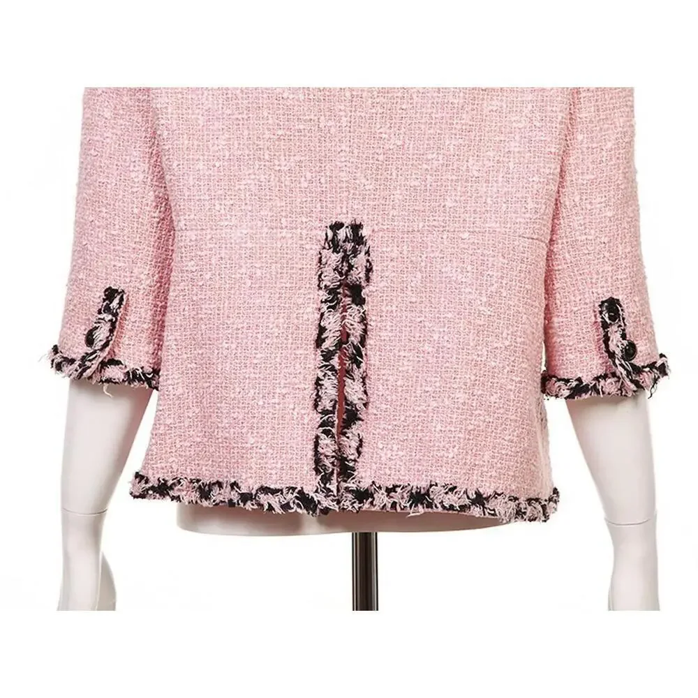 2007 CHANEL FR-34 Vintage 07P TWEED Pink Black Jacket Trim CC logo Buttons US-2 - Picture 6 of 15